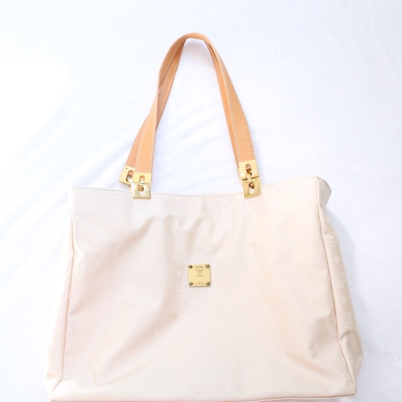 MCM Handbags - MCM Cream Nylon Monogrammed Tote w/ Leather Straps